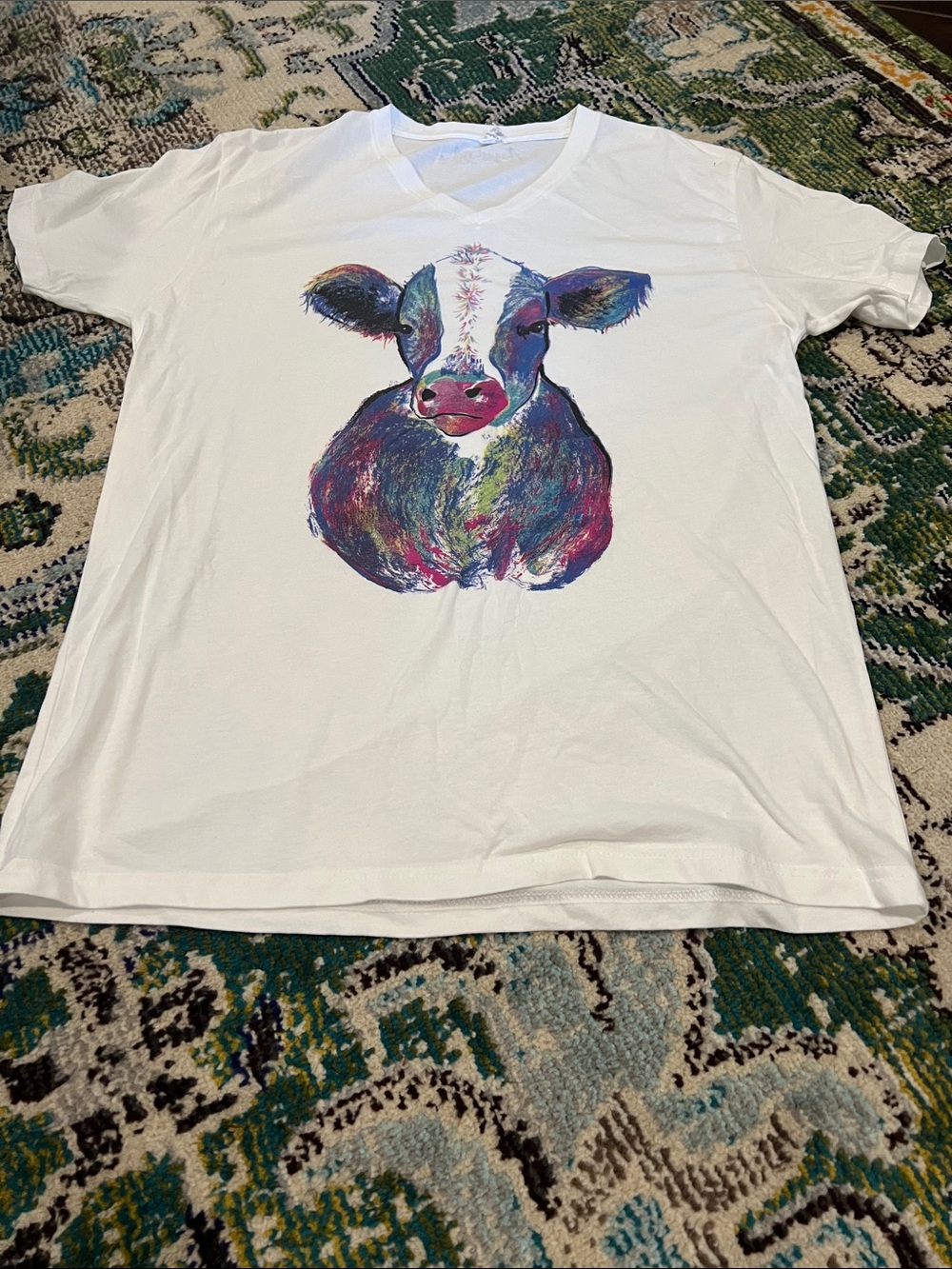 Next Level Apparel White V-Neck Tee with Multicolor Cow Art